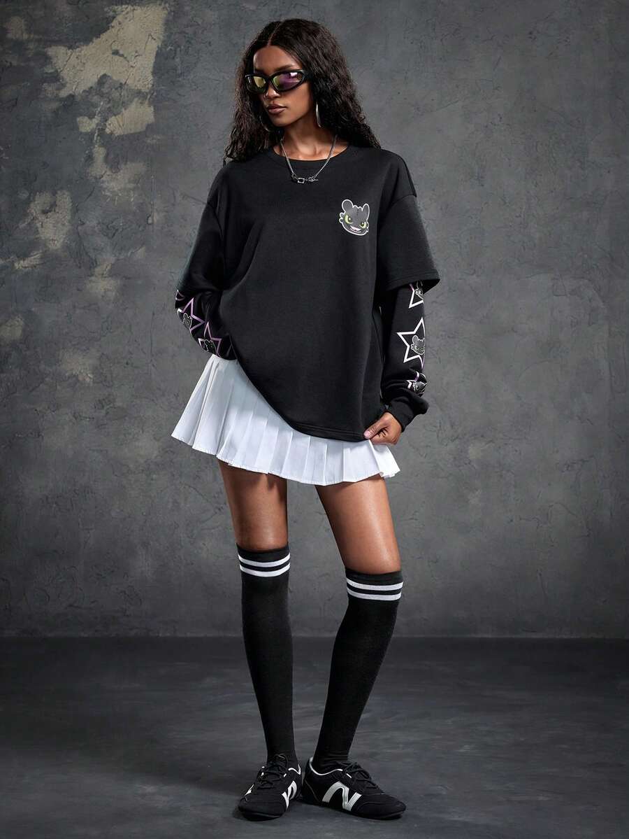 SHEIN How to Train Your Dragon Women's Star & Cartoon Pattern Crew Neck Long Sleeve Sweatshirt - Black - View 1