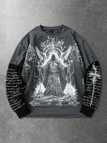 ROMWE MEN Áo thun nam kiểu dáng thường ngày, phối màu tương phản, in chữ nổi bật, màu tối, thích hợp cho mùa thu. - màu đen - Xem 1