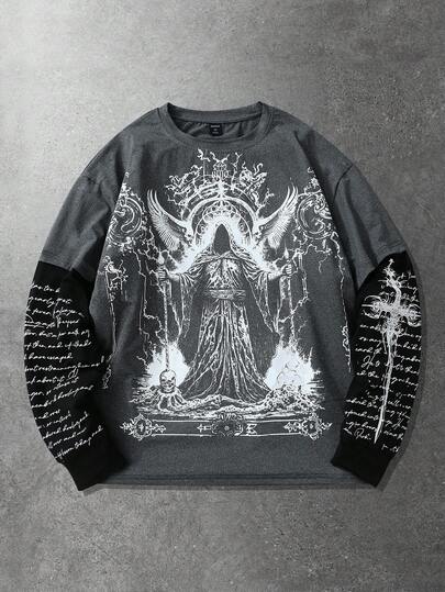 T-shirt décontracté pour hommes avec imprimé slogan bicolore et patchwork, automne