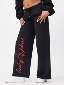 BABYPHAT Baggy Wide Leg Sweatpants With Red Script Logo Print Casual Joggers Drawstring Waist Comfortable Loungewear - Black - View 1