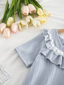 女童蕾丝针织睡裙，短袖长款宽松连衣裙，清新甜美家居睡衣 - 霧霾藍 - 查看 4