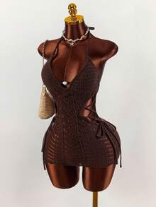 Amplova Women's Crochet Beaded Dress, Sexy And Avant-Garde, Suitable For Vacation Outfit, Sexy Hollow Boho Style - Brown - View 1