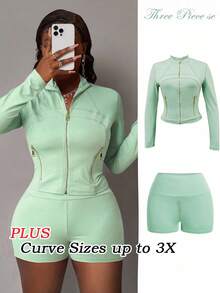 Slaydiva 春夏新款休闲基础款运动纯色绿色拉链长袖口袋T恤+高腰短裤两件套，适合毕业季、日常穿着、休闲、运动、派对、度假、早午餐、机场、返校、瑜伽等场合，女款加大码两件套 - 綠色 - 查看 1