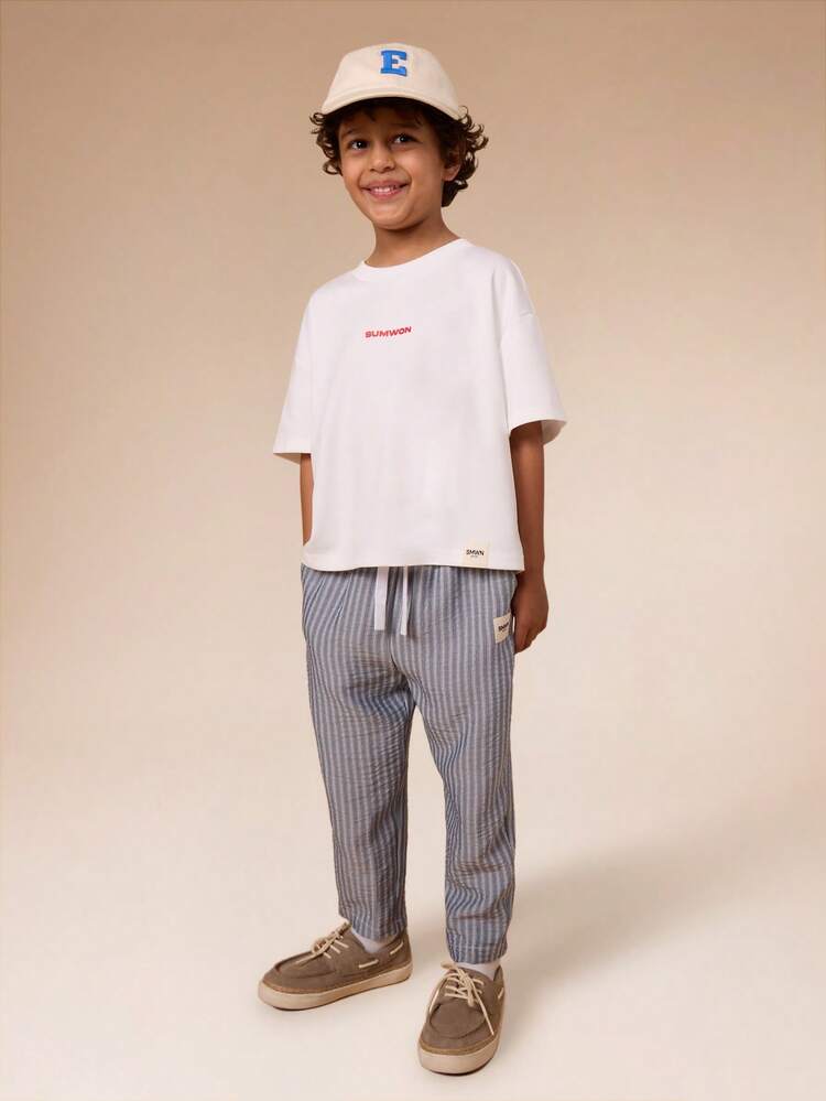 White Tee With Striped Pants Set