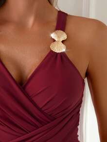 Swim Lushoire 1 Stück burgunderrotes gestricktes Stoff-Badeanzug mit goldfarbener Muscheldekor und asymmetrischen Raffungen für reifere Frauen, Frühling/Sommer - Bordeaux - Übersicht 4