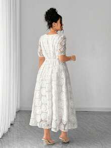 Elenzga Đầm ngắn tay cổ vuông in hoa bằng vải organza dành cho nữ cỡ lớn - trắng - Xem 2