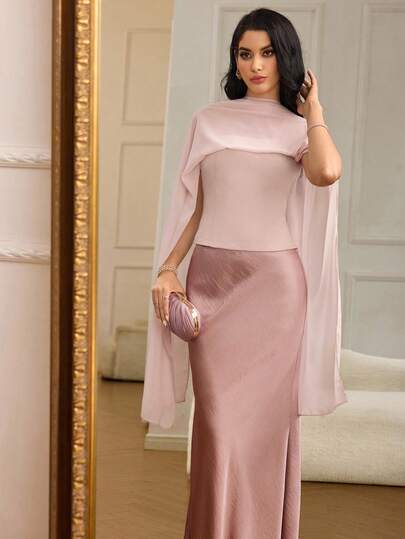 Modelyn Women's Chiffon Shawl Collar Sleeveless Fitted Elegant Blouse Women Clothing Elegant Dress With Cape Tops For Women Elegant