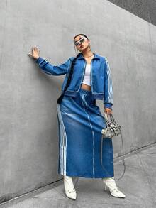 POPSWAY Setelan Jaket Lengan Lebar untuk Wanita Ukuran Plus + Gaun Bodycon dengan Tali Bahu Tipis untuk Musim Gugur - Biru - View 5
