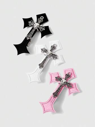 Anime 3 Horquillas de pelo de color aleatorio con diseño de cruz punk, pinzas de metal oscuro hechas a mano con forma de calavera y pico de pato, accesorios de pelo de diseño diario
