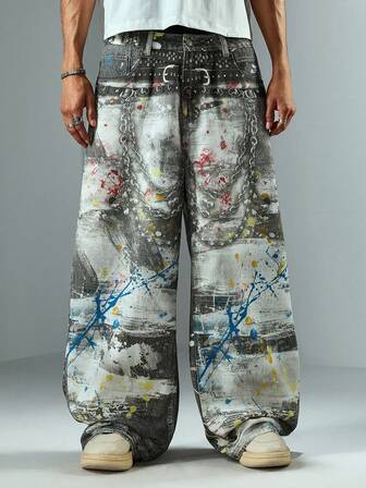 Street Life Herren Mode Digital bedruckte Jeans mit gebogener Beinform