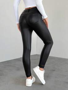 SHEIN Tall 高腰PU皮紧身裤 - 黑色 - 查看 12