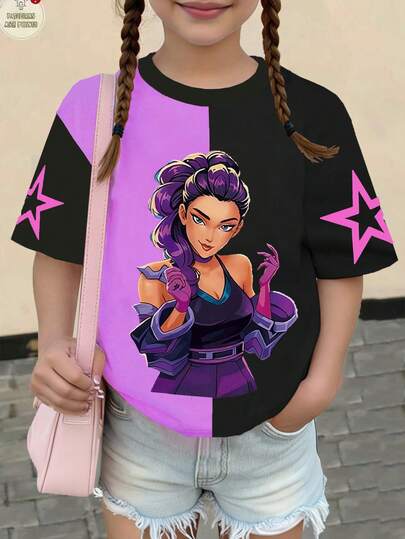 SHEIN Explorewe 1pc Cute & Cool Kpop Girl Graphic Colorblock Short Sleeve Top, Loose Fit, Suitable For Tween Girls, Great For Spring, Summer, Fall, Winter, Perfect Christmas Gift