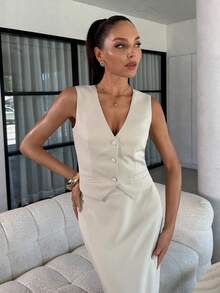 Lavishia Women's Elegant 3 Pieces Suit Set: Blazer,Vest,And Skirt White Summer Classy Formal Outfit For Wedding Guest,Daily Commute,Outing,And Social Events - Beige - View 4