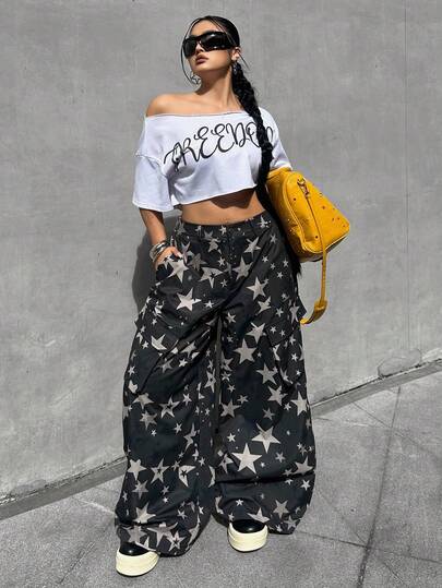 POPSWAY Plus Size Casual Minimalist Five-Pointed Star Print Loose Fit Pants