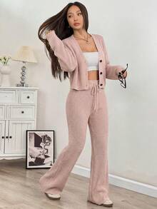 SHEIN EZwear Conjunto de 2 piezas de mujer con cárdigan ancho de tiras sólido y pantalones acampanados con cordón en la cintura para otoño/invierno - Rosa vieja - Ver 3