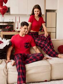 CoupledUp Bộ đồ ngủ nam tay ngắn và quần dài in họa tiết kẻ caro, kiểu dáng thường ngày. - Đỏ - Xem 6