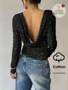 Siren Gaze Damen sexy, romantisch, elegant rückenfreies Pailletten glänzendes Langarm T-Shirt, geeignet für Pendeln, Partys, Jahrestreffen, Dates, Ausflüge, Kombinationen, schick, Neujahrsstimmung