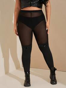 SHEIN Tall CURVE Plus Size Women's Black Valentine's Day Stockings,Goth Rave Summer Non-Slip Thigh High Stockings,Mesh Lace Trim Leggings With Bow,Extended Version - Black - View 3