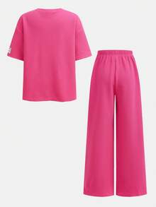 Girlism Tween Girls Loose Casual Minimalist Comfortable Round Neck T-Shirt And Pants Co-Ord Set - Hot Pink - View 2