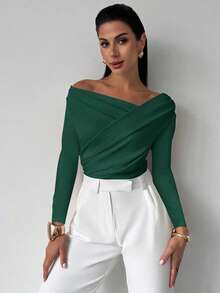 Firerie 女士优雅简约时尚不对称荷叶边领长袖露脐白色上衣，适合通勤、音乐节、度假等场合。 - 墨綠色 - 查看 1