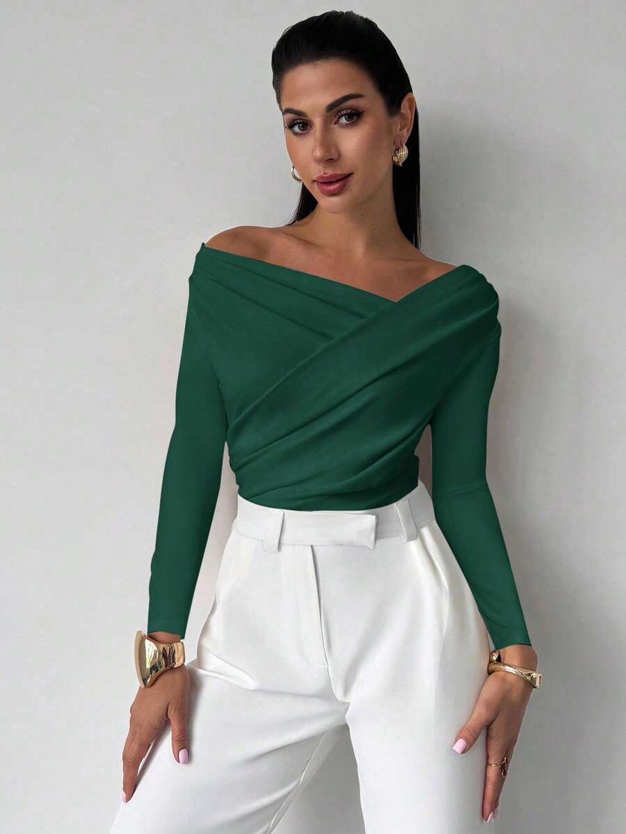 Firerie 女士优雅简约时尚不对称荷叶边领长袖露脐白色上衣，适合通勤、音乐节、度假等场合。 - 墨綠色 - 查看 1