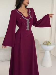 Al Najma Women's Elegant Arabic Style A-Line Dress With Long Sleeves, Cinching Waist And Rhinestone Decor, Suitable For Autumn - Purple - View 1