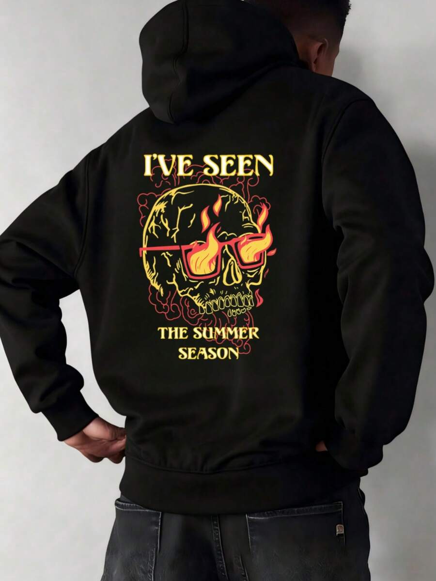 Hombre005-1 ¡Oferta limitada! Sudadera con capucha Cremallera Sudadera con capucha y cremallera unisex de alta calidad. Cálida, cómoda y trendy ahorra hoy en tu básico de temporada Sudadera con capucha negra con un estampado de calavera con llamas y texto que dice "I'VE SEEN THE SUMMER SEASON" para un estilo atrevido y único - Negro - Ver 1