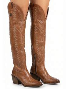 Botas Vaqueras Western Botas de caña alta con estoperoles Botas de Mujer con Tacón Ancho y Punta Fina Diseño Vaquero Liso Cierre Lateral Botas de Caña Alta con Tacón Estable Botas altas, botas a la rodilla, caña alta, tacón ancho, tacón de bloque, tacón grueso, punta fina, cierre lateral, cremallera Minimalista, cowboy, elegante, clásico, retro, vintage moderno, casual, formal, old money, Fiestas Regalos Reuniones Festivales chic Willows - Marrón - Ver 2