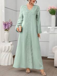 Al Najma 浅绿色V领贴花长袖宽松时尚优雅女式连衣裙 - 薄荷綠 - 查看 8