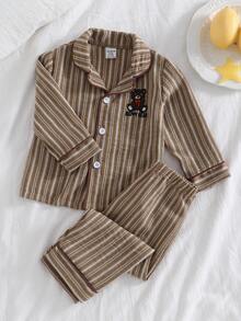 Baby Boys Pajamas Striped Set Button Down Top,Long Pants Beige Brown Stripes,Cute Brown And White Polka Dot Autumn Night 2026 New Year Essential - Brown - View 3