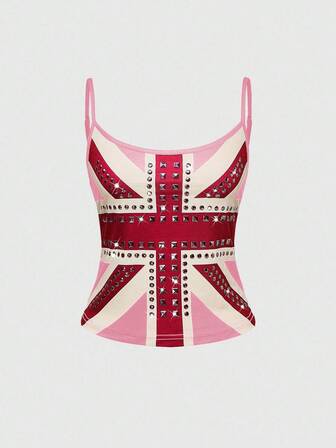 Grunge Punk Top de tirantes con estampado de bandera del Reino Unido, con remaches y cristales, estilo vintage Y2K para mujer