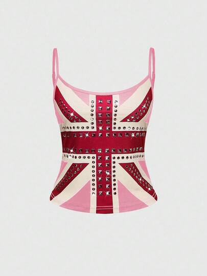 Grunge Punk Damen Y2K Vintage UK Flaggen Muster Strass Nieten Trägerhemd