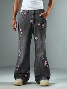 ROMWE MEN Street Life Men's Floral Pattern Pocket Wide Leg Loose Casual Jeans - Black - View 3