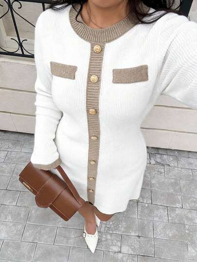 Elenzga Autumn/Winter New Elegant Fashion Versatile Design Contrast Color Decor Fake Pocket Metal Buckle Accent Round Neck Long Sleeve A-Line Sweater Dress For Women