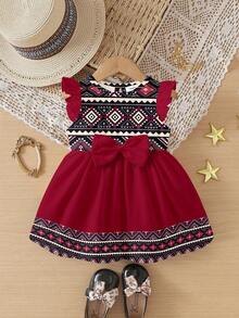 女婴复古几何拼接印花蝴蝶结装饰中东公主裙，舒适时尚，适合度假和日常出行，春夏秋季皆宜。 - 彩色 - 查看 3