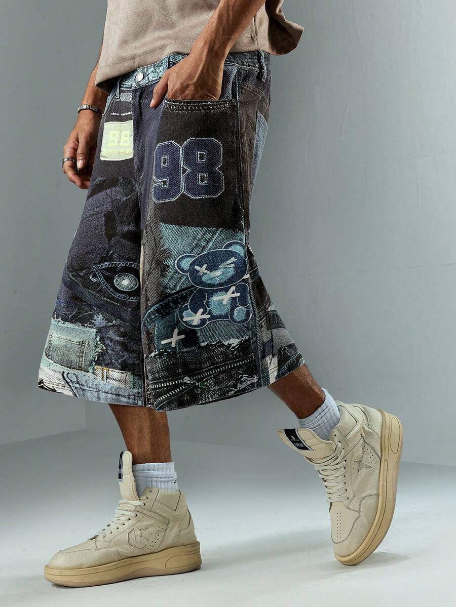 ROMWE MEN Street Life Men's Digital Dark Academy Denim Shorts - Blue - View 1