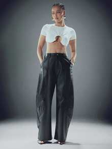 Denimoi 仿皮阔腿筒裤，适合女生约会之夜、外出聚会等场合。