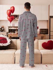 CoupledUp 黑白条纹领结仿丝衬衫式男士睡衣套装 - 黑與白 - 查看 4