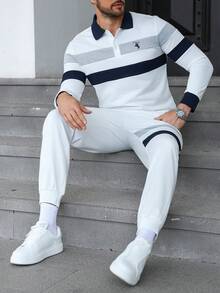 Manfinity CasualCool 男士休闲通勤运动风机车印花撞色条纹长袖Polo衫和长裤套装，春秋季 - 白色 - 查看 5
