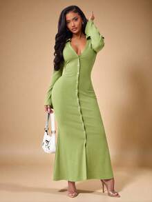 Radiana 女士性感休闲优雅薄荷绿 Polo 领开衫连衣裙，修身长袖连衣裙，春夏款 - 薄荷綠 - 查看 5