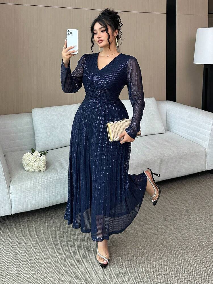 Dazy Plus Valentine Sequin Embroidered V-Neck Fitted Banquet Maxi Twist Waist Versatile Plus Size Women Spring/Summer Dress New Years Women Outfit Sparkly Dress Sundress