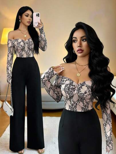 Selianne New Elegant Fitted Sexy Off-Shoulder Blouse With Ruffle Detail & Straight Leg Pants Set, Suitable For Daily Commute