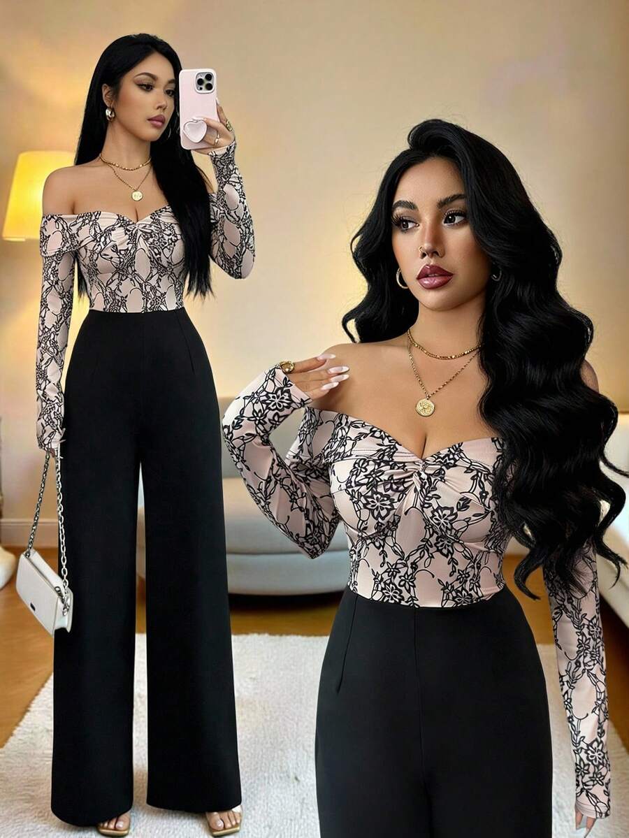Selianne طقم جديد أنيق مكون من بلوزة ضيقة مثيرة بفتحة كتف وتفاصيل كشكشة مع بنطلون ساق مستقيمة، مناسب للتنقل اليومي - الأسود - مشاهدة 1