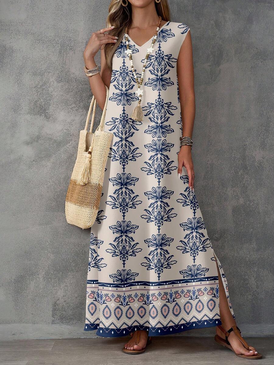 EMERY ROSE Women's Geometric Print V-Neck Dress, Suitable For Spring/Summer Carnival - Multicolor - View 1