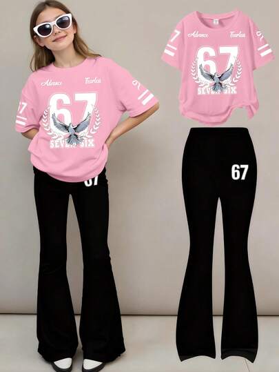 SHEIN ChillGRL Teen Girl 2-Piece Vintage Digit 67 Print Casual Comfortable Pink Short Sleeve T-Shirt Top & Black Flare Pants Set, Graphic Tee, Suitable For Summer, Everyday Wear, Outdoor Activities