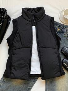 SHEIN EZwear 女士纯色拉链领休闲加垫背心夹克，冬季 - 黑色 - 查看 1