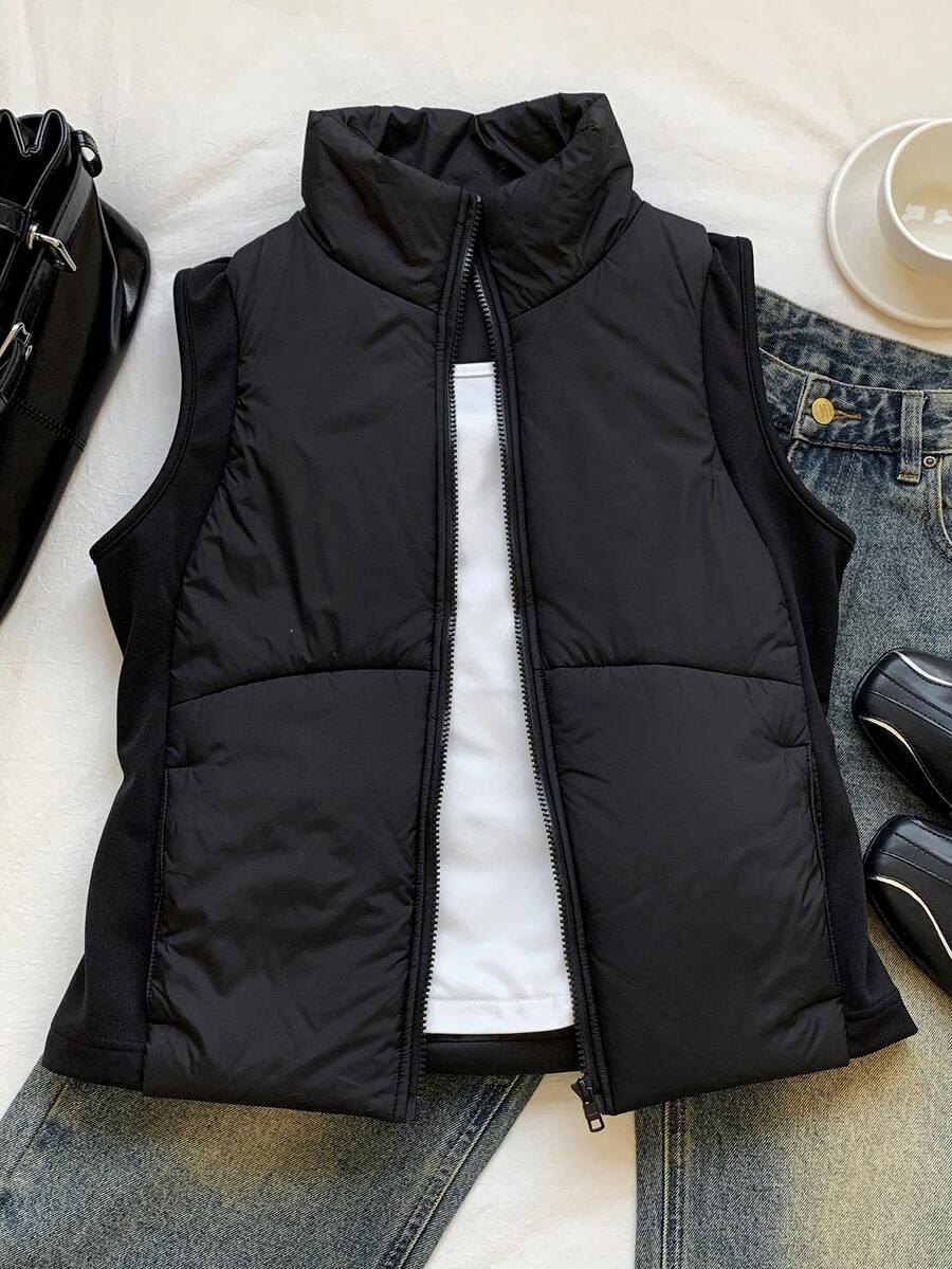 SHEIN EZwear 女士纯色拉链领休闲加垫背心夹克，冬季 - 黑色 - 查看 1