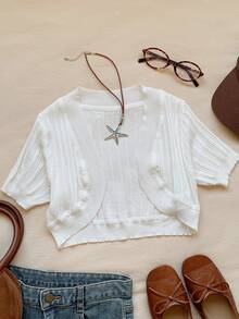 SHEIN EZwear Solid Color Summer Casual Short Sleeve Knitted Cardigan - White - View 4