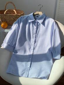 SHEIN EZwear Women's Striped Printed Single-Breasted Casual Medium Sleeve Shirt - Blue - View 6