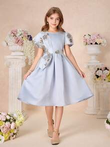 Pitira 少女派对礼服蓝色编织网纱提花缎面拼接可爱泡泡袖腰身中长连衣裙，优雅公主风，适合正式场合、派对、生日、日常穿着、节日、家庭聚会、姐妹情谊，可爱复古时尚，返校季必备 - 藍色 - 查看 4